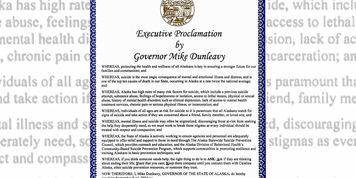Dunleavy’s executive order marks Alaska Suicide Prevention Week Dunleavy’s executive order marks Alaska Suicide Prevention Week