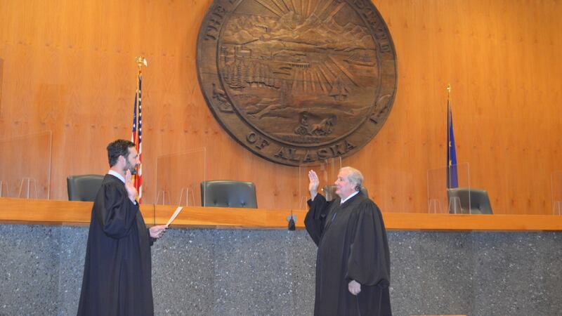 Chief Justice Daniel Winfree being sworn on Thursday. Winfree is the first Alaskan-Born Chief...