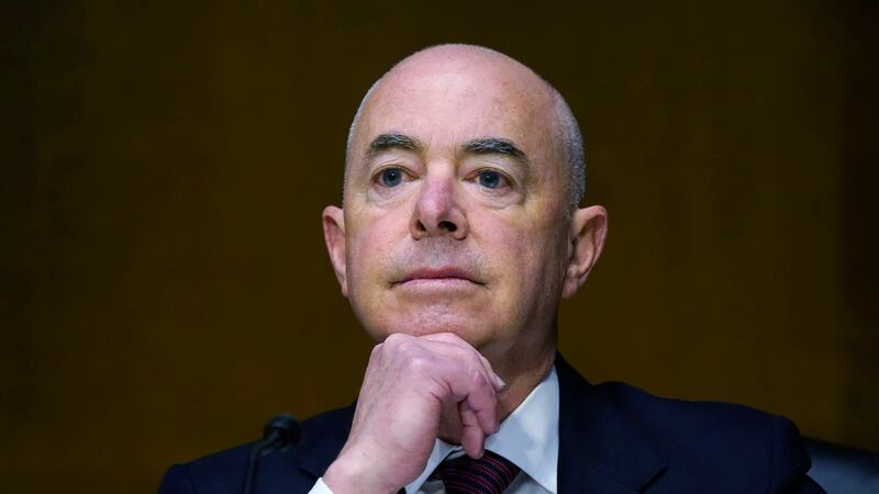 Secretary of Homeland Security Alejandro Mayorkas listens during a Senate Judiciary Committee...