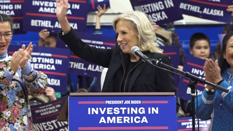 First Lady Jill Biden waves to the crowd during a stop in Bethel, Alaska, on May 17.