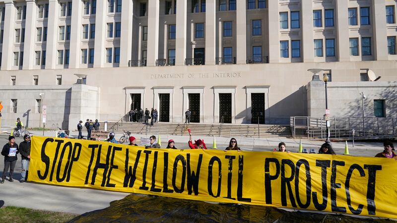 FILE - Demonstrators protest against the Biden administration's approval of the Willow...