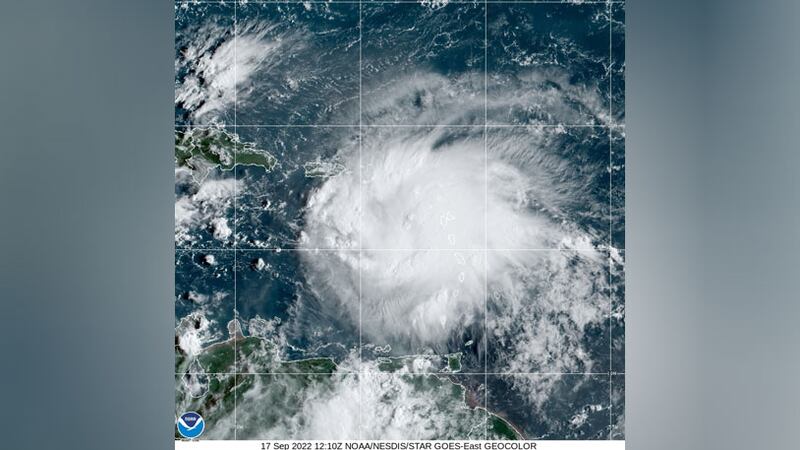 Tropical Storm Fiona approaches the Caribbean in the still image from the National Oceanic and...