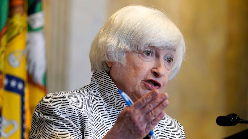 Treasury Secretary Janet Yellen speaks about the economy during a news conference at the...